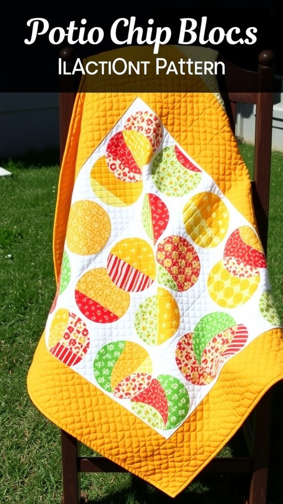A vibrant potato chip quilt block pattern in various colors displayed on a wooden chair.